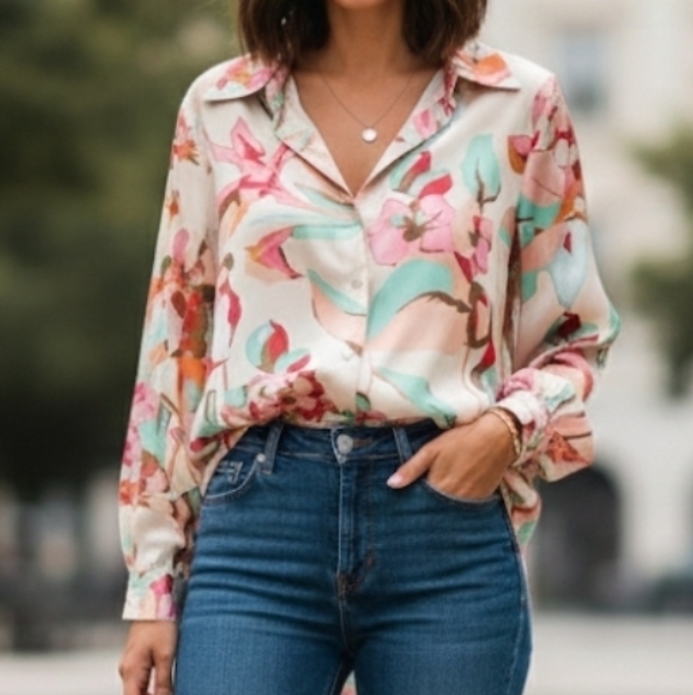 Zara Cream Pink Teal Floral Long Sleeve Button-Down Collared Blouse, Size Medium - Picture 1 of 11